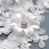2 Pairs Ivory Floral Beaded Lace Applique 3D Flower Embroidered Rhinestones Motif Patch