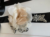 Handmade Bridal Sash Belt Black, Ivory & Champagne Chiffon Flower Rhinestones Wedding Dress Belt Floral Waistband for Wedding