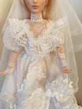 Craftuneed 1:6 Scale Miniature Victorian Style Doll Wedding Dress with Veil and Purse Vintage Ivory Lace Bridal Gown for Fashion Doll