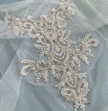 Ivory Beaded Lace Applique Bridal Sequin Embroidered Lace Motif For Bodice Bolero