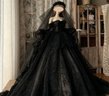 Black Gothic Doll Evening Dress Miniature Victorian Gown with Veil 1/6 1/4 1/3 Scale