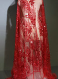 Craftuneed 1 Yard Luxury 3D Floral Butterfly Sequin Red Embroidered Lace Fabric Tulle for Dressmaking &amp; DIY Projects