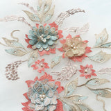 3D Floral Beaded Lace Applique Pair Embroidered Bridal Couture Tulle Motif Patch