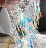 Iridescent Fringe Sequin Mesh Trim – Gradient Blue Laser Net Fabric, 20cm Wide, 6 Meters