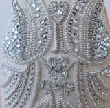Luxury Beaded Bridal Lace Applique Faux Pearl Rhinestone Bodice Motif Patch Embellishment