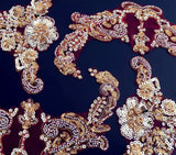 Gold Red Sequin Lace Applique Set, 4pcs Floral Beaded Motif Embroidery Patch