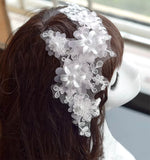 2 Pairs Ivory Floral Beaded Lace Applique 3D Flower Embroidered Rhinestones Motif Patch