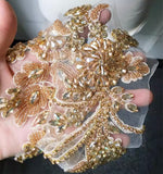 Champagne Gold Rhinestone Lace Applique Pair Beaded Bridal Faux Crystal Bodice Motif Patch