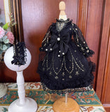 Handmade Doll Dress & Headpiece Set Black Lace Embroidery Outfit - 1/6, 1/4, 1/3 Scale