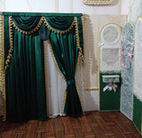 Handmade Miniature Dollhouse Curtain Victorian Style 1:6 Scale Green & Gold Drapes