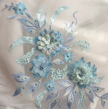 3D Floral Beaded Lace Applique Pair Embroidered Bridal Couture Tulle Motif Patch