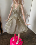 1:6 miniature doll champagne evening dress mini dollhouse V-Neck ball gown dress