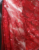 Craftuneed 1 Yard Luxury 3D Floral Butterfly Sequin Red Embroidered Lace Fabric Tulle for Dressmaking &amp; DIY Projects