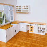 Craftuneed 1:6 Scale Miniature Dollhouse Kitchen Set L Shaped Cabinet with Sink Cupboard Organiser Doll Furniture Available in ivory or blue