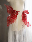 Craftuneed 1 Yard Luxury 3D Floral Butterfly Sequin Red Embroidered Lace Fabric Tulle for Dressmaking &amp; DIY Projects