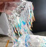 Iridescent Fringe Sequin Mesh Trim – Gradient Blue Laser Net Fabric, 20cm Wide, 6 Meters