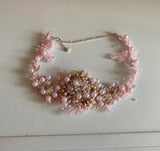 Craftuneed Handmade Pink Beaded Lace Necklace Faux Pearl Embroidered Floral Choker for Fairycore, Wedding or Costume Crafts