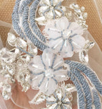 Grey Blue Floral Beaded Lace Applique Pair – Crystal Embroidery Motif for Sewing