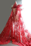 Craftuneed 1 Yard Luxury 3D Floral Butterfly Sequin Red Embroidered Lace Fabric Tulle for Dressmaking &amp; DIY Projects