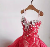 Handmade 1:6 Scale Doll Dress Miniature Red Lace Evening Gown with Rhinestones Details
