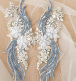 Grey Blue Floral Beaded Lace Applique Pair – Crystal Embroidery Motif for Sewing