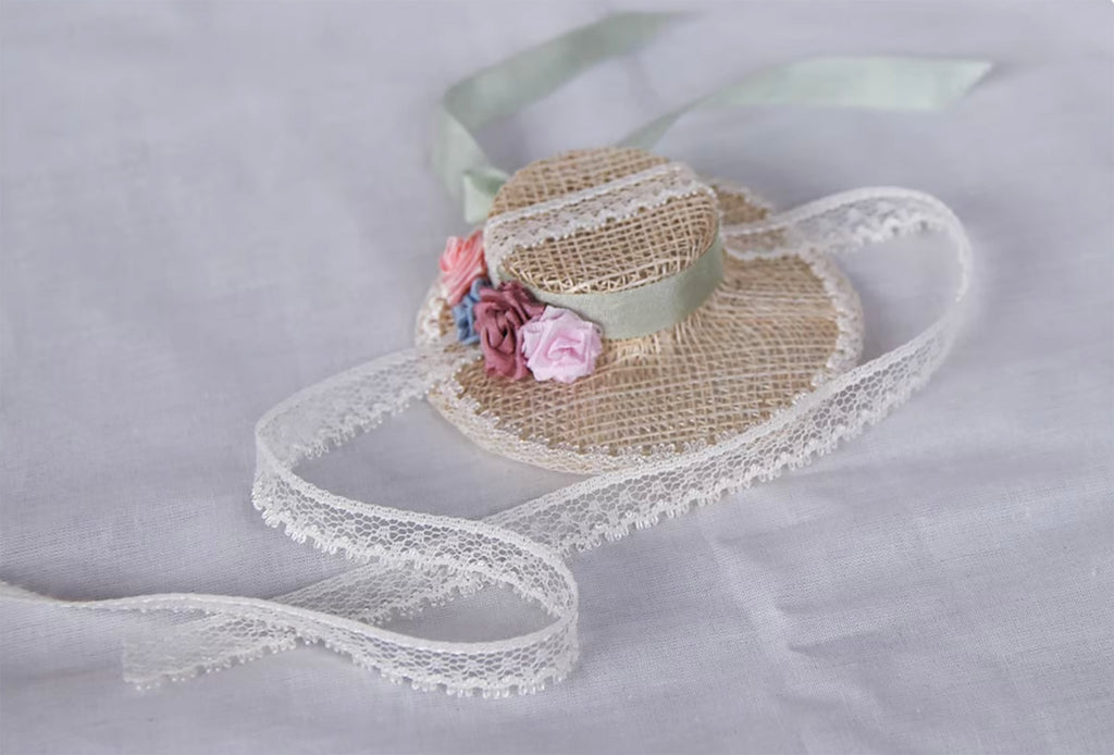 1:6 Scale Doll Hat Mini Straw Hat Handmade Miniature Accessory Lace Ribbon Floral