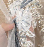 Grey Blue Floral Beaded Lace Applique Pair – Crystal Embroidery Motif for Sewing