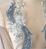 Grey Blue Floral Beaded Lace Applique Pair – Crystal Embroidery Motif for Sewing