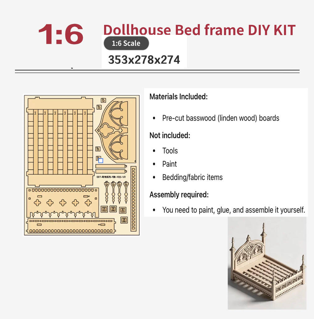 DIY Gothic Dollhouse Bed Frame Bedding Kit Miniature Furniture Unassembled 1/6 1/12 Scale
