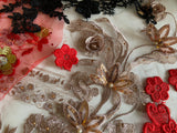 Craftuneed Bundle 7pcs luxury red gold beads lace applique sew on embroidered sequins floral lace motif patch