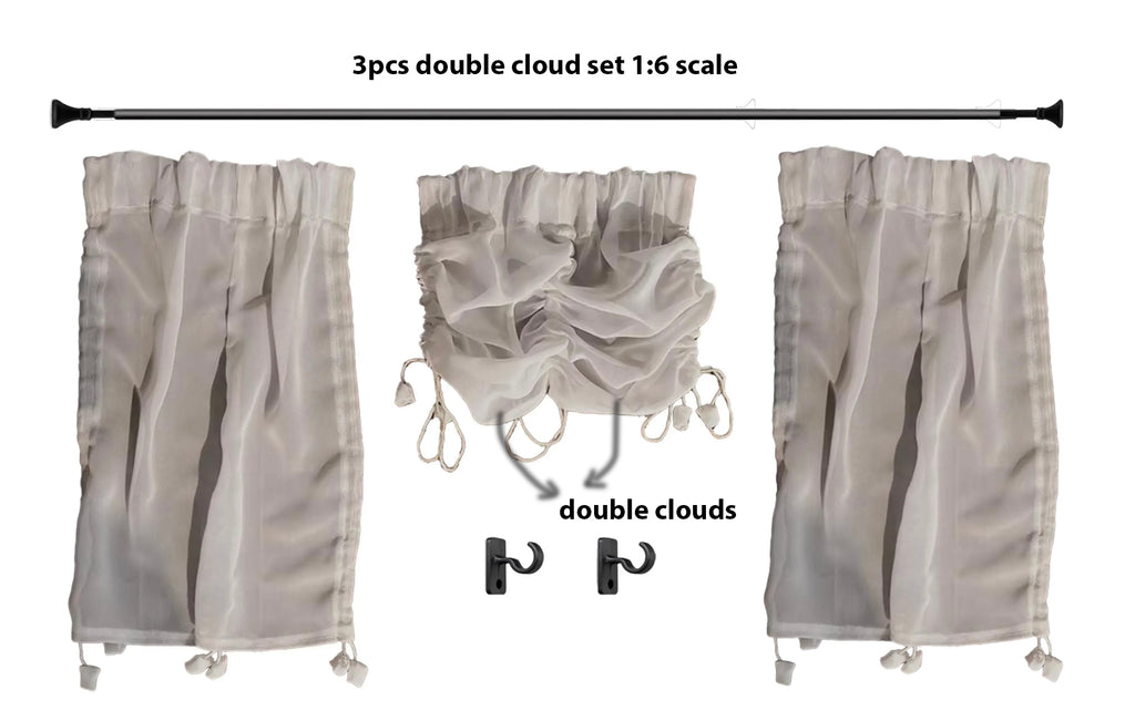 Handmade Miniature Dollhouse Cloud Draped Curtains Set with Rod 1/6 1/12 Window Decor