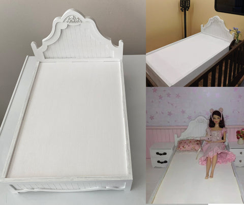 Craftuneed 1:6 miniature dollhouse white bed and headboard wood doll furniture Handmade