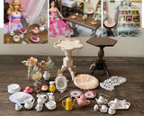 1:6 miniature dollhouse mini China tea cups plates flower vase home decors wood side table furniture for Barbie doll