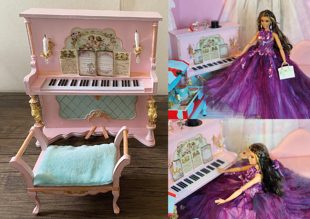 Craftuneed Set of 2 handmade 1:6 miniature dollhouse pink wood piano and seat for barbie doll furniture props Retro style