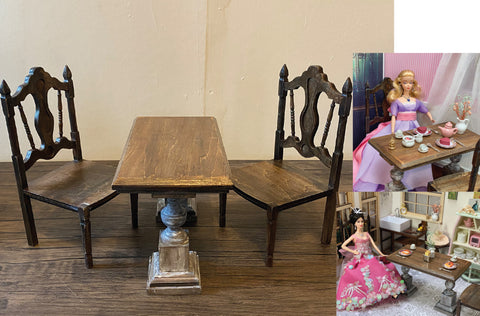 Craftuneed Set of 3 handmade 1:6 miniature dollhouse wood dinning table chairs set for barbie doll furniture Retro style