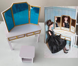 Craftuneed 1:6 miniature dollhouse white dressing table with mirror stool set for doll furniture Handmade