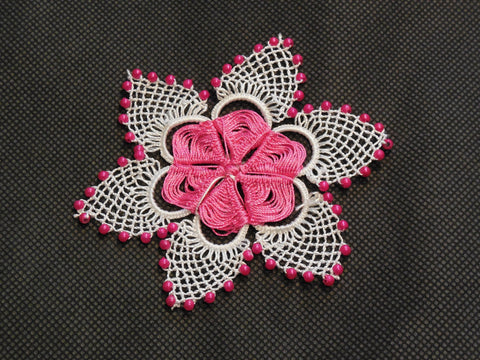 Handmade limited edition white & rose pink floral lace Applique / lace motif is for sale