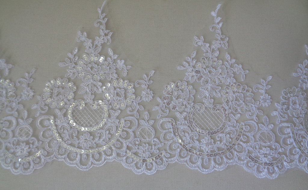 white sequined floral lace trim bridal wedding sequins lace trim sold by Per Yard 90cm
