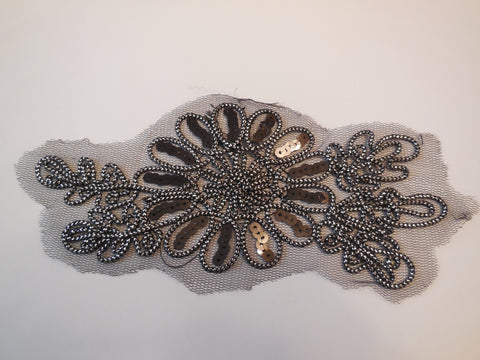 Black & silver cords floral sequins tulle lace Applique / lace motif for sale. 18x7.5cm. Sold by piece