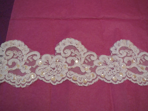 White sequins & beads English lace trim Bridal Wedding tulle Veil trim Per Yard