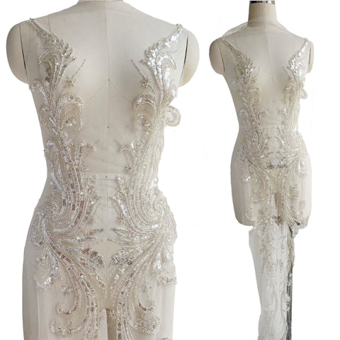Craftuneed Luxury mirror pair ivory silver beads lace appliques sew on bridal wedding beaded sequins bolero tulle motif patch