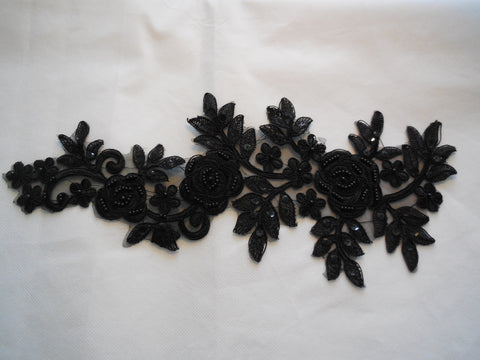 Large piece Black beaded sequins lace Applique/floral lace motif.38.5x16cm piece