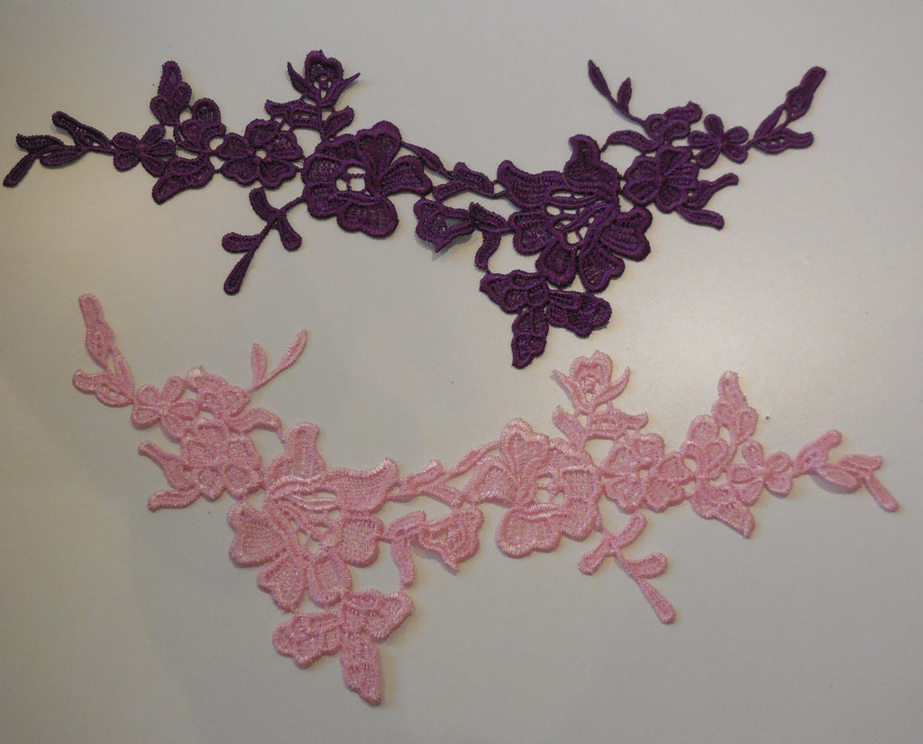 Pink OR Purple floral lace Applique / decorative sewing lace motif is for sale.