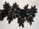 Large piece Black beaded sequins lace Applique/floral lace motif.38.5x16cm piece