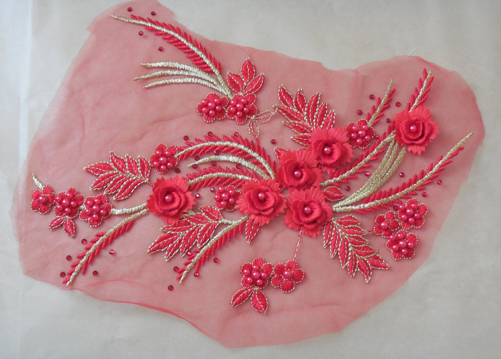 A Red & gold threads beaded floral lace applique / red beaded lace motif on tulle is for sale.