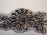 Black & silver cords floral sequins tulle lace Applique / lace motif for sale. 18x7.5cm. Sold by piece