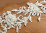 Craftuneed A mirror match pair ivory beaded lace applique sew on beads lace motif patch for dress sewing