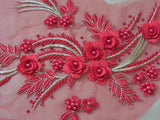 A Red & gold threads beaded floral lace applique / red beaded lace motif on tulle is for sale.