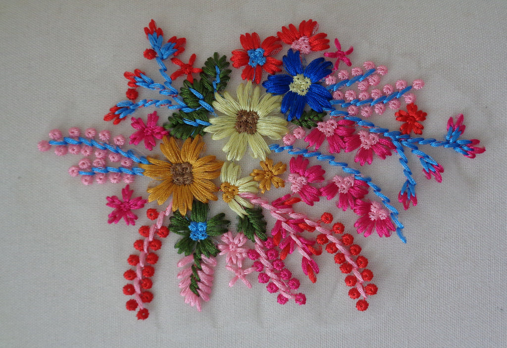 A piece of colourful cotton threads T-shirt motif floral cotton applique on tulle is for sale. Sold by per piece