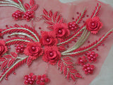 A Red & gold threads beaded floral lace applique / red beaded lace motif on tulle is for sale.